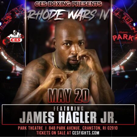 Boxing flyer featuring an image of James Hagler Jr in the center, with the title "Step into the Ring: Witness Boxing History as James Hagler Jr Fights for Greatness" written above him. The date of the fight (May 20th) is displayed prominently at the bottom of the flyer.